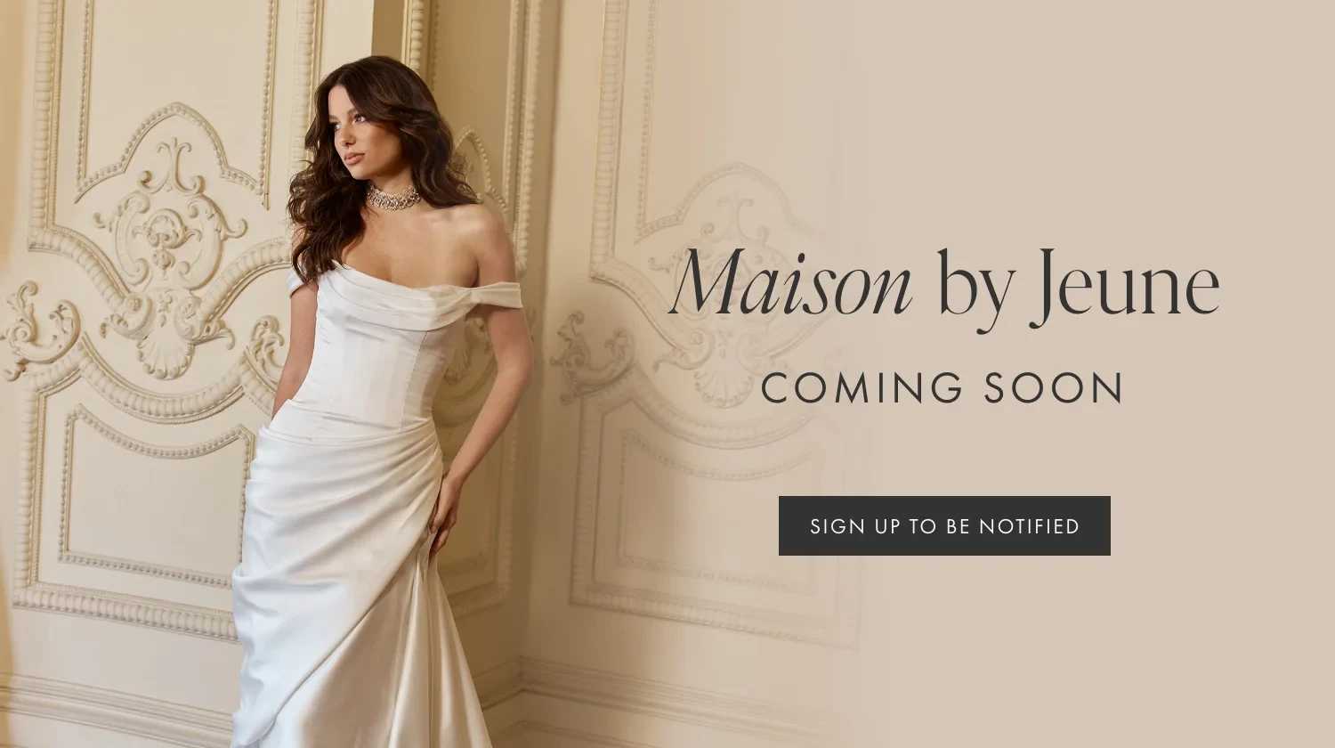 Model wearing Maison by Jeune gown, coming soon mobile banner
